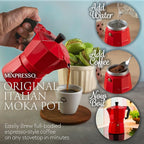 Mixpresso Red 3 Cup Moka Pot Cuban Coffee Maker, Moka Pot for Gas, Electric Stove Top, Classic Italian Coffee Maker, Stovetop Espresso Maker, Camping Pot Makes 3 Espresso Cup 5 Oz - Mug 4.4 Oz