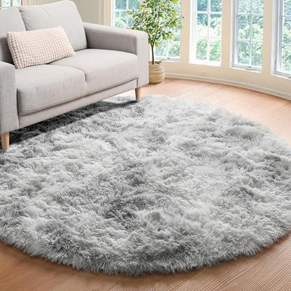 Round Rugs 5ft for Bedroom Living Room, Fluffy Tie-Dyed Light Grey Circle Area - Image 8