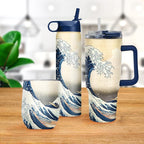 RainCaper 18/8 Stainless Steel Insulated Water Tumbler with Straw | 30oz, BPA-Free, Double Wall for Hot & Cold | Travel-Friendly, Cup Holder Ready (Hokusai The Great Wave)