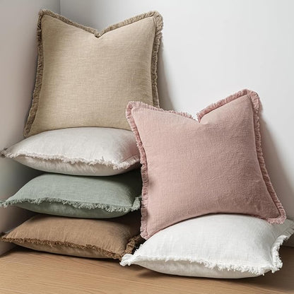MIULEE Boho Linen Fringe Decorative Throw Pillow Covers Light Pink 20x20 | Set - Image 5