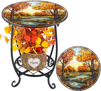 Cinnvoice Outdoor Side Table Round Small Mosaic Patio Accent Indoor End Plant - Image 8