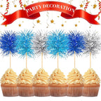 Chinco 100 Pcs Foil Firework Cupcake Toppers Sparkle Tinsel Cake Toppers Cake Decoration Cocktail Fruit Toothpick for Birthday Wedding Graduation Party(Dark Blue, Light Blue, Silver)
