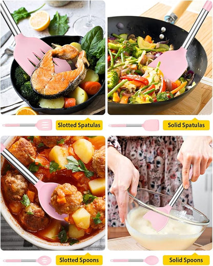 Pack of 4 Silicone Cooking Utensils Set, Non Stick Large Solid Spatulas, Heat Resistant Pink Slotted Spoons, Ideal BPA Free Kitchen Turners for Frying, Mixing,Serving,Draining,Turning,Stirring