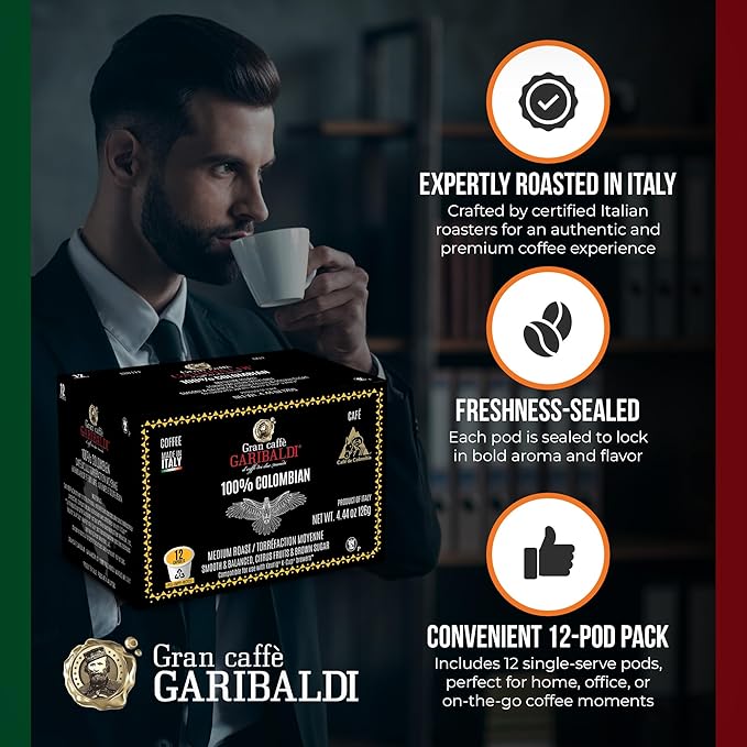 Caffè Garibaldi Colombian Coffee Pods, for Keurig K-Cup Brewers, Single Serve Cups with 100% Arabica Blend for Coffee Makers, 12 Count Recyclable Pods - Medium Roast