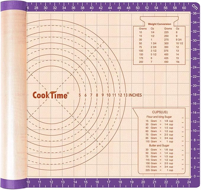Silicone Pastry Baking Mat Non Stick-Large Rolling Dough with Measurements-Non Slip Pizza,Fondant,Pie,Cake Baking Mat - 26 x 16 Inch By Cook Time(Purple)
