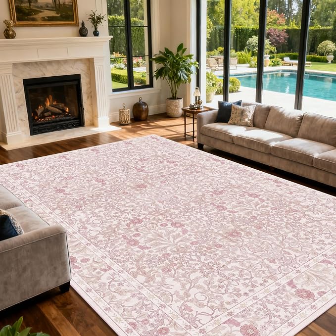 Vintage Pink Living Room Rug, 9x12 Washable Area Rugs - Image 3