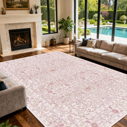 Vintage Pink Living Room Rug, 9x12 Washable Area Rugs - Image 3