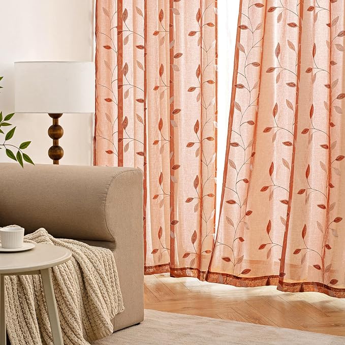 MIULEE Burnt Orange Sheer Fall Curtains 2 Panels Leaf Patterned, W52 x L96 | - Image 3