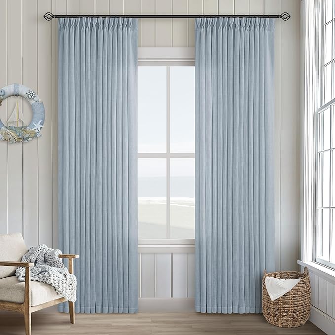 Dusty Blue Pinch Pleated Linen Curtains 84 Inches Long 2 Panels | Pinch Pleat - Image 9
