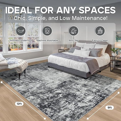 9x12 Area Rugs for Living Room Bedroom Dining Room Washable Black Grey | Soft - Image 2