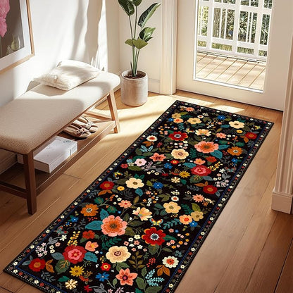 Floral Washable 2x8 Area Rugs Runner Entryway Hallway Black | Flower Carpet by RELEANY