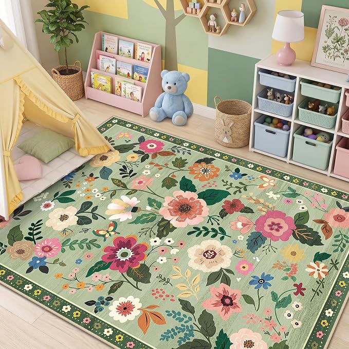 RELEANY Floral Washable 8x10 Area Rugs LightGreen | Flower Carpet Print Boho - Image 9