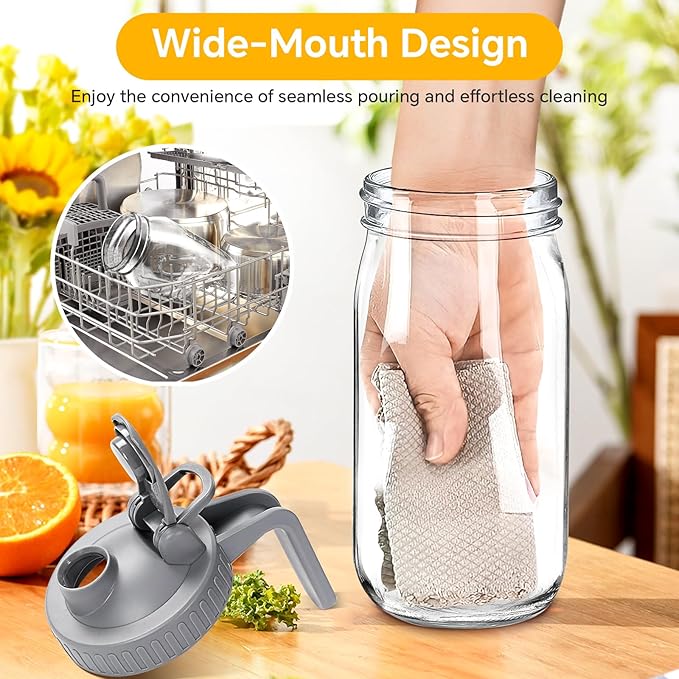 Mason Jar Pitcher, 32 OZ Glass Pitcher with Lid Double Leak-proof with Handle Water Jug Wide Mouth Breast Milk Pitcher Fridge Container for Water, Juice, Iced Coffee, Tea, Juice - Grey