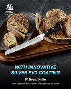 KYOKU 8" Serrated Bread Knife - Gin Series - VG10 Damascus Japanese Steel Kitchen Knife with Silver Ion Blade G10 Handle Mosaic Pin, Professional Razor-Sharp Bread Cutting Slicing