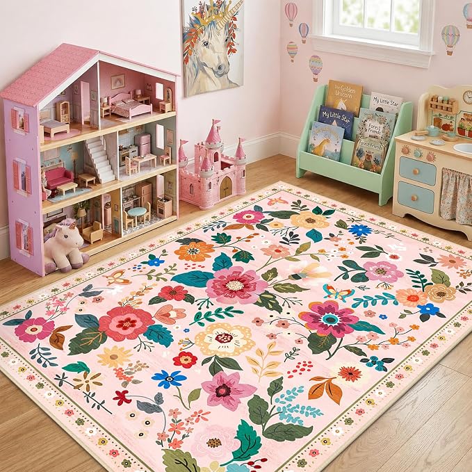 RELEANY Floral Washable 5x7 Area Rugs Pink | Flower Carpet Print Boho Cute Non - Image 2
