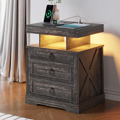 HNEBC Nightstand with Gun Drawers, LED Farmhouse Night Stand with Charging - Image 11