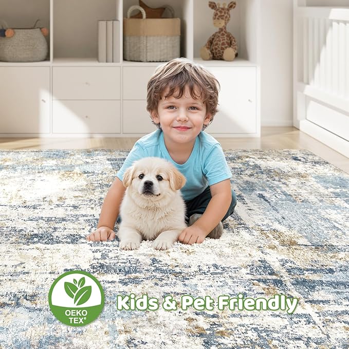 LOONGRUG 5x8 Area Rug Washable Neutral Modern Living Room Rugs Blue | Abstract - Image 7