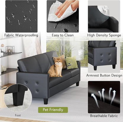 STHOUYN Black Faux Leather 3 Seater Sofa and Loveseat, Modern Comfy Office - Image 3