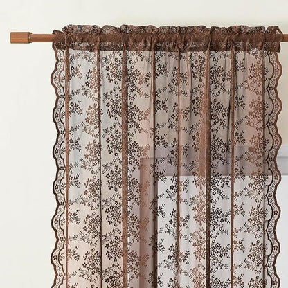 YJ YANJUN Vintage Lace Curtains 90 Inches Long-Victorian Floral Boho Brown - Image 3