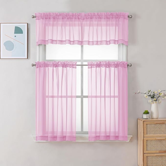 Chyhomenyc Sheer Pink Tier Curtains 24 Inch Length, Small Window Curtains - Image 2
