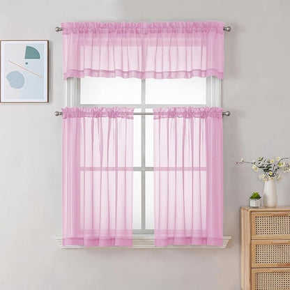Chyhomenyc Sheer Pink Tier Curtains 24 Inch Length, Small Window Curtains - Image 2