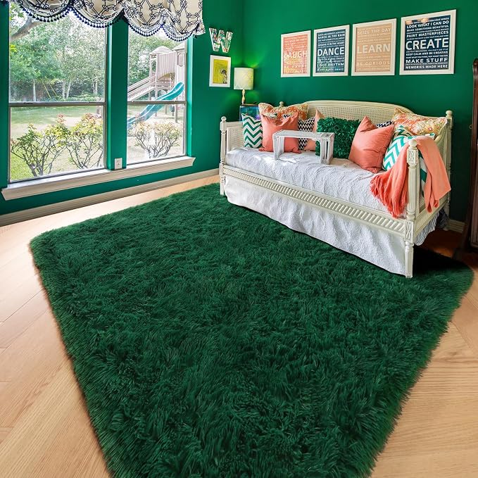 Amdrebio Dark Green Large Furry Rug 6x9 - Image 3