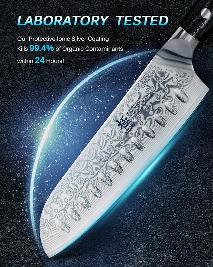 KYOKU Gin Series 7" Santoku Knife, Japanese Chef Knife VG10 Damascus Stainless Steel Kitchen Knife with Silver Ion Blade G10 Handle Mosaic Pin