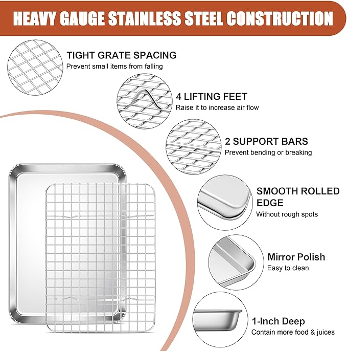 E-far Stainless Steel Baking Sheet with Wire Rack Set, 10.5” x 8.3” Cookie Sheet Baking Pan for Toaster Oven, Small Metal Tray with Cooling Rack for Cooking Roasting, Non-Toxic & Dishwasher Safe