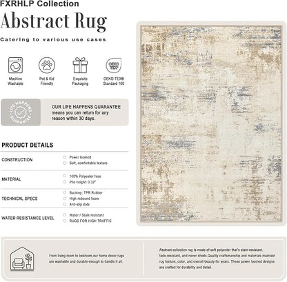 5x8 Area Rug Living Room: Modern Washable Soft Carpet Beige Brown | - Image 2