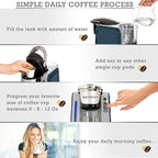 Mixpresso Single Serve Coffee Brewer K-Cup Pods Compatible & Ground coffee, Single Serve K-Cup Coffee Maker With 4 Brew Sizes 45oz, Quick Brewing with Auto Shut-Off, Rapid Brew Technology