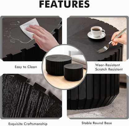 Black Round Nesting Tables for Living Room, Nesting Coffee Table Wooden Fluted - Image 5