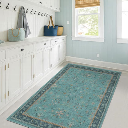 Washable Teal Rugs for Entryway Indoor by HazoHaus