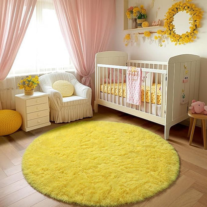 Amdrebio Yellow Fluffy Round Area Rug 5Ft - Image 5