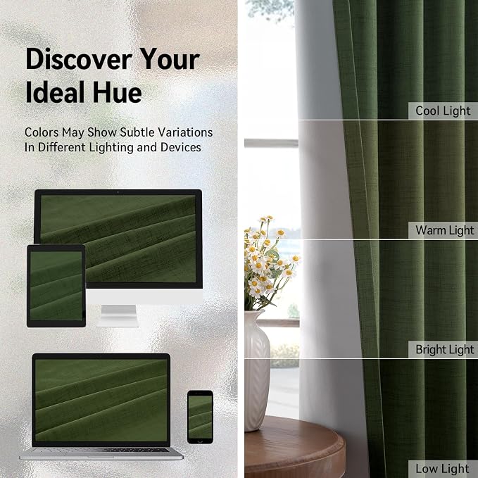 100% Blackout Linen Textured Curtains 84 Inch Long, Loden | 100% Blackout Shield - Image 7