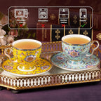 KAMMAK Tea Cups and Saucers Set of 2, Porcelain Coffee Cups with Saucer for Espresso, Cappuccino, 7.5oz Vintage Yellow and Blue Ceramic Demitasse Mug for Home, Tea Party, Office