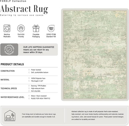 Area Rug Living Room: 3x5 Modern Washable Soft Carpet Green Cream | - Image 3