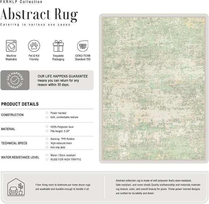 Area Rug Living Room: 6x6 Modern Washable Soft Carpet Green Cream | - Image 3