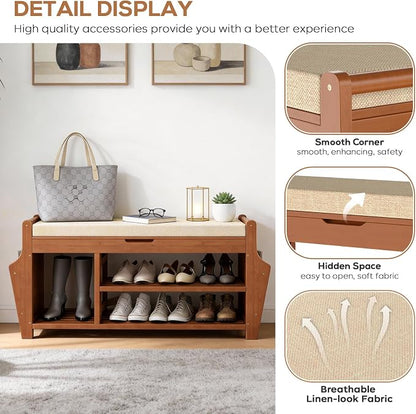 oakvivo 39.4in Shoe Bench with 2 Side Holder, 3 Tier Bamboo Entryway Bench with - Image 9