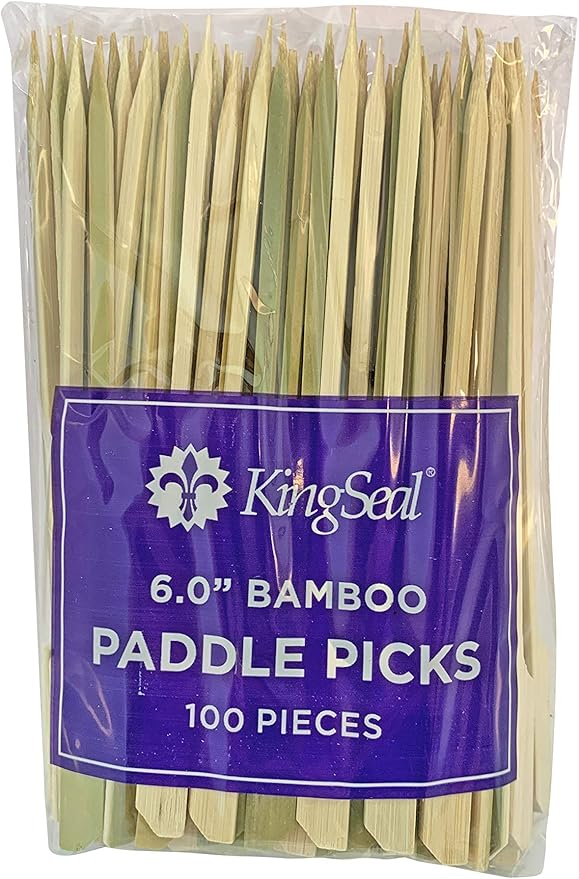 200 Count | KingSeal Natural Green Bamboo Wood Paddle Picks, Skewers for Appetizers and Cocktails, 6.0 Inches - 2 Packs of 100