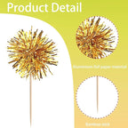 40 PCS Foil Firework Cupcake Toppers Fireworks Cupcake Picks Sparkle Tinsel Cake Decorations Cocktail Fruit Toothpick for Firework Theme Birthday Wedding Graduation Party Decorations Supplies Gold