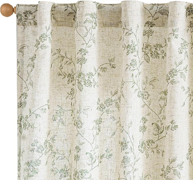 Green Vintage Floral Linen Curtains Farmhouse 38W X 63L 2 Panels | Elisa Series by Lazzzy