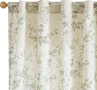 Green Vintage Floral Linen Curtains Farmhouse 38W X 84L 2 Panels | Elisa Series by Lazzzy