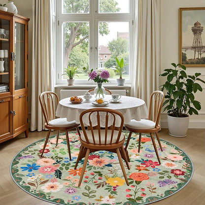 PLHXFR Round Area Rug Living Room: 4 ft Floral Washable Soft Carpet Green | - Image 4