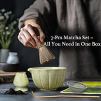 Green Matcha Whisk Set – 7 Pcs Japanese Matcha Kit, Bowl (Chawan) with Spout, Bamboo Whisk (Chasen) & Holder, Scoop (Chashaku), Sifter, Tea Towel – Perfect for Matcha Lovers & Tea Ceremony