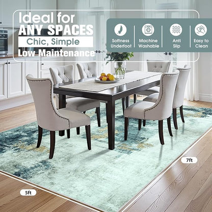 5x7 Area Rugs for Living Room Washable Bedroom Dining Room Teal Grey Gold | - Image 2