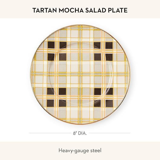 MACKENZIE-CHILDS Enamel Salad and Dessert Plate, Small Plate for a Dessert or Appetizer Dish, 8 Inches, Brown-and-White Tartan Mocha