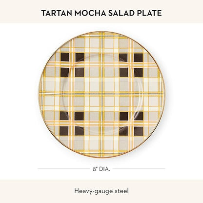 MACKENZIE-CHILDS Enamel Salad and Dessert Plate, Small Plate for a Dessert or Appetizer Dish, 8 Inches, Brown-and-White Tartan Mocha