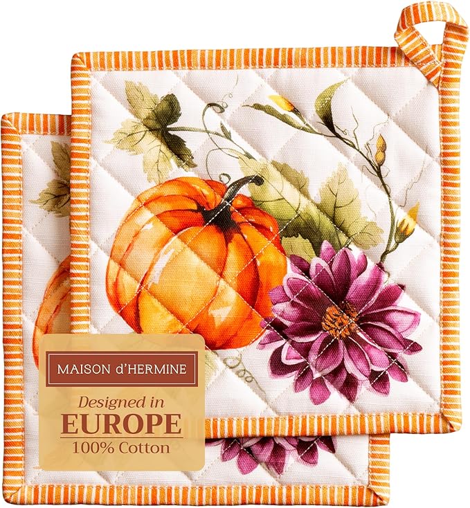 Maison d' Hermine Pot Holders set 100% Cotton Heat Resistant Potholders 8" x 8" Hot Pads with Loop BBQ, Cooking, Baking, Grilling, Kitchen, Handling Hot Pans (Pack of 2, Pumpkin Garden - Cloudy Cream)
