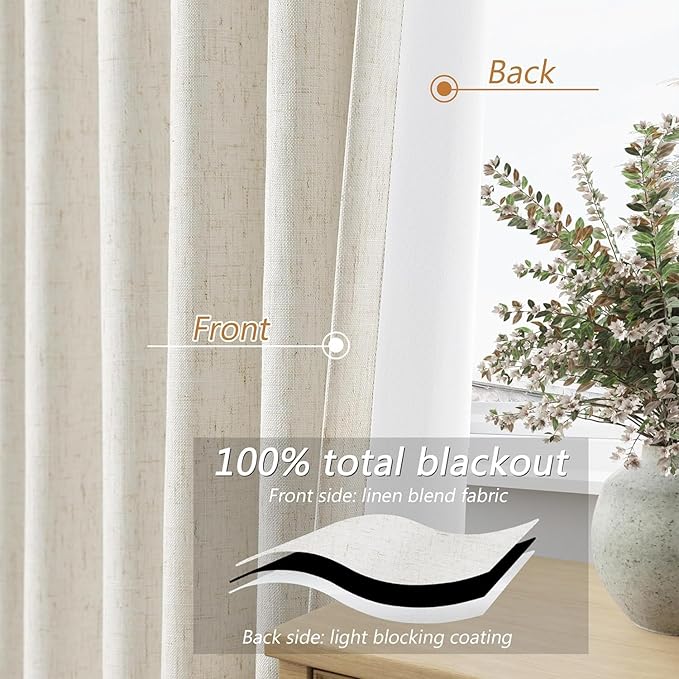 100% Blackout Linen Curtains for Bedroom 66 Inches Long Natural Cream Black Out - Image 4