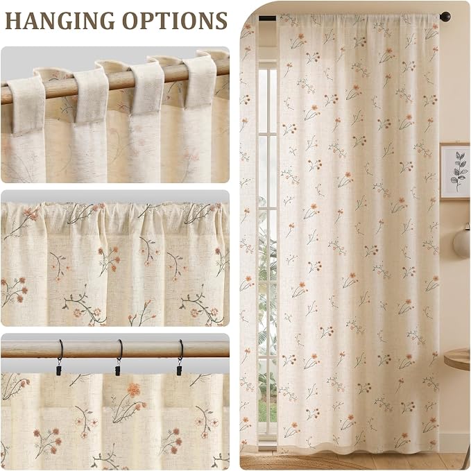 Floral Embroidered Light Filtering Curtains 84 Inch 2 Panels | Linen Blend - Image 6